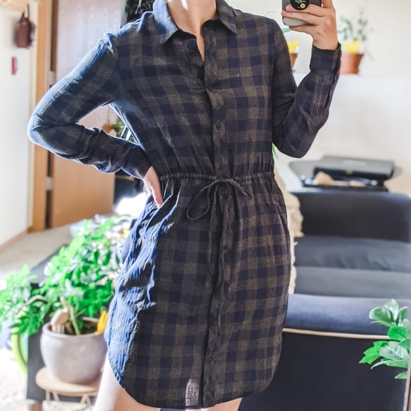 DO+BE Dresses & Skirts - Ro & De Plaid Long Sleeve Drawstring Shirt Mini Dress